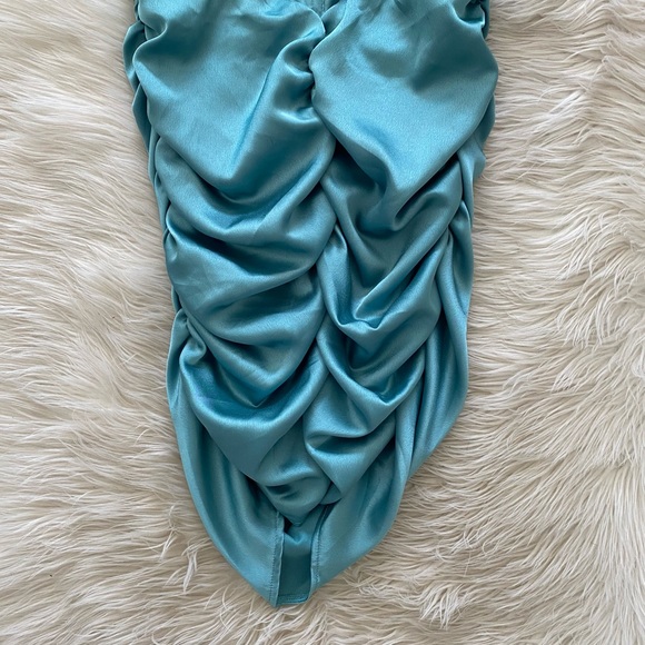PrettyLittleThing Teal Light Blue Satin Sleeveless Corset Ruched Bodycon Dress - Picture 4 of 12